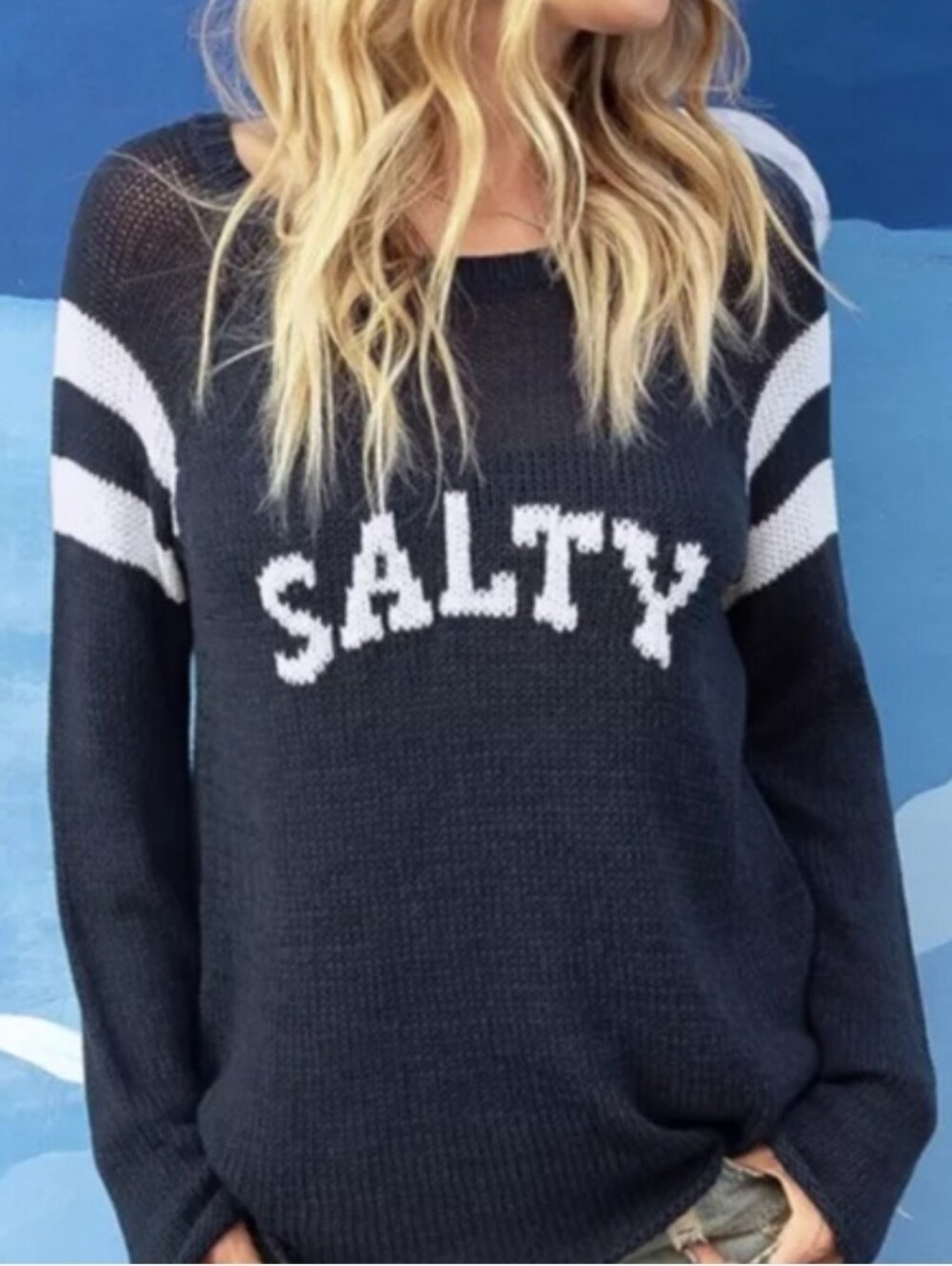 Wooden Ships Paola Buendia Navy Salty Open Knit Sweater Medium Nautical Beach